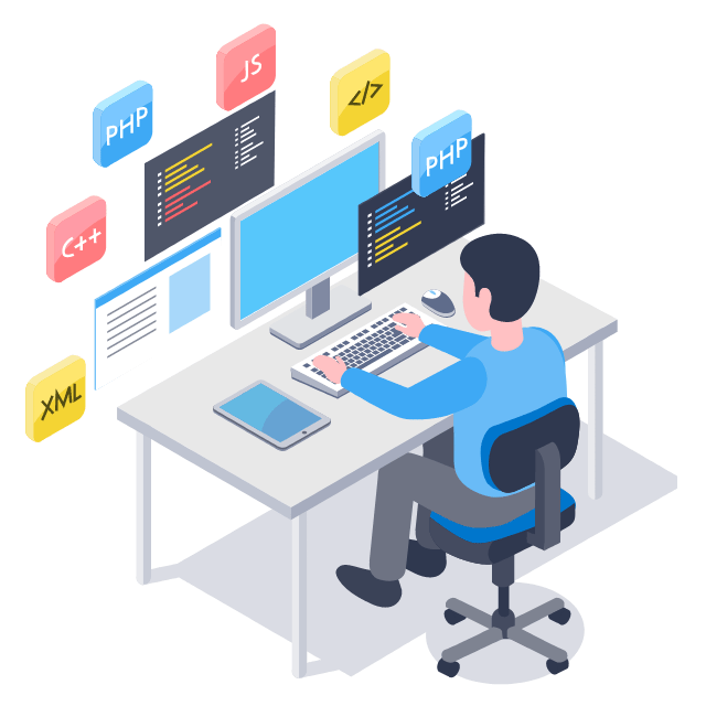 An image of a man with blue shirt siting in front of the computer and coding.