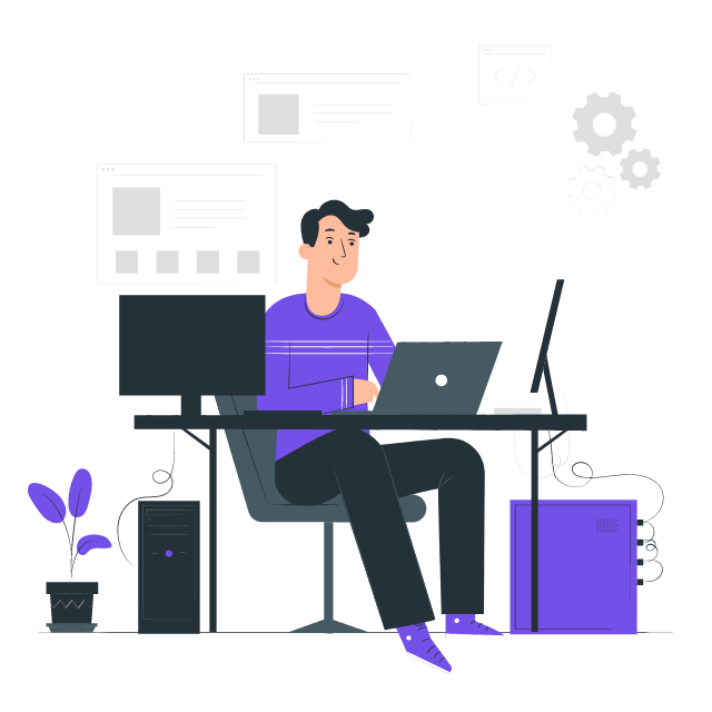 An image of a man with blue shirt siting in front of the computer and coding.